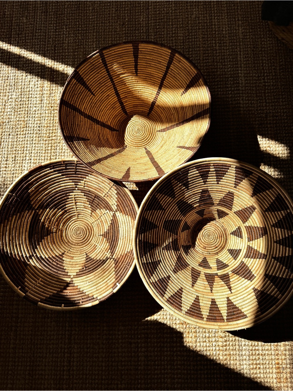 Set of 3 Vintage Baskets Large African Coil Cone Palm Fiber Boho Wall Baskets